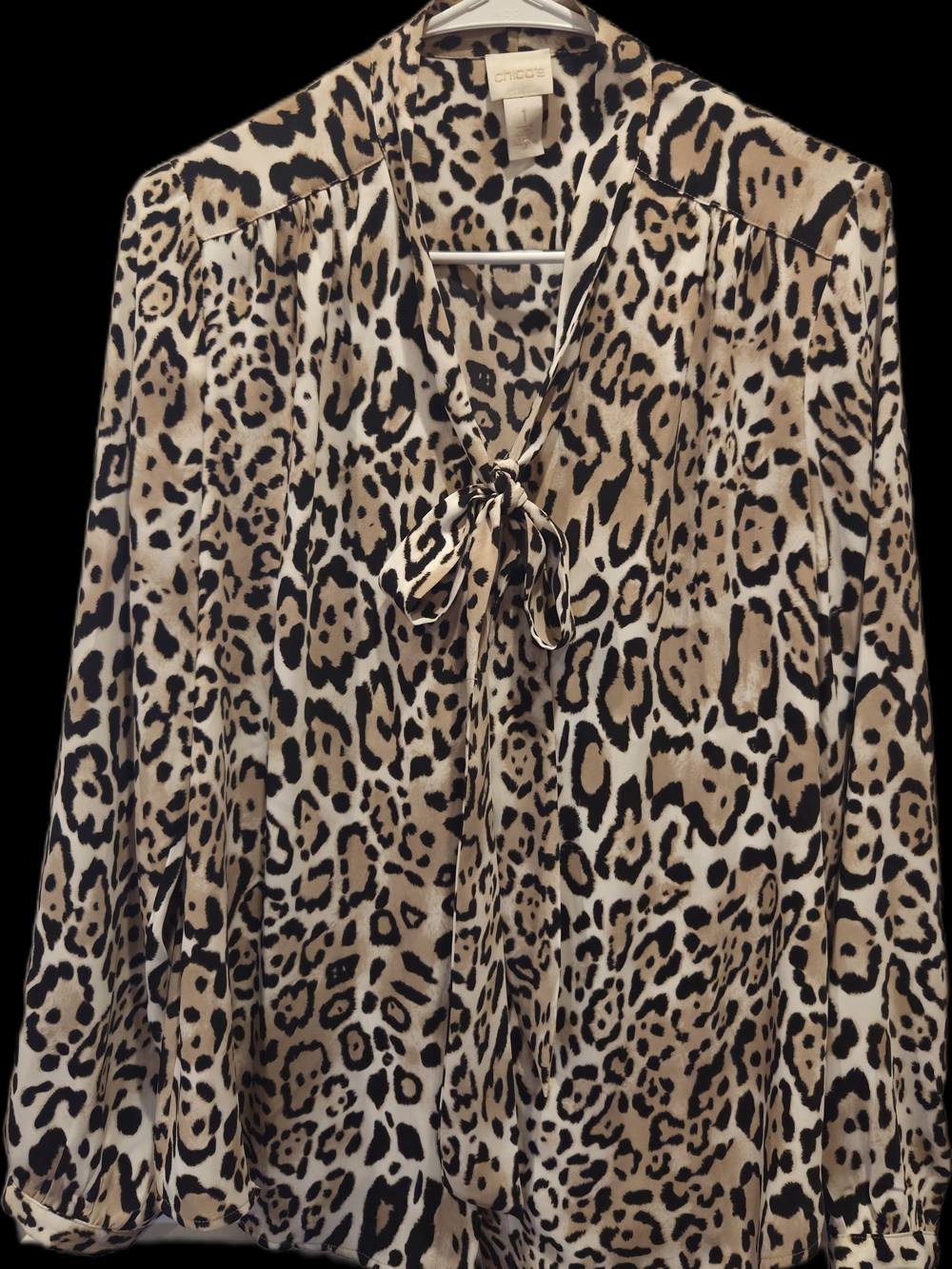 Chico's Leopard Print Tie-Neck Blouse in Beige/Black